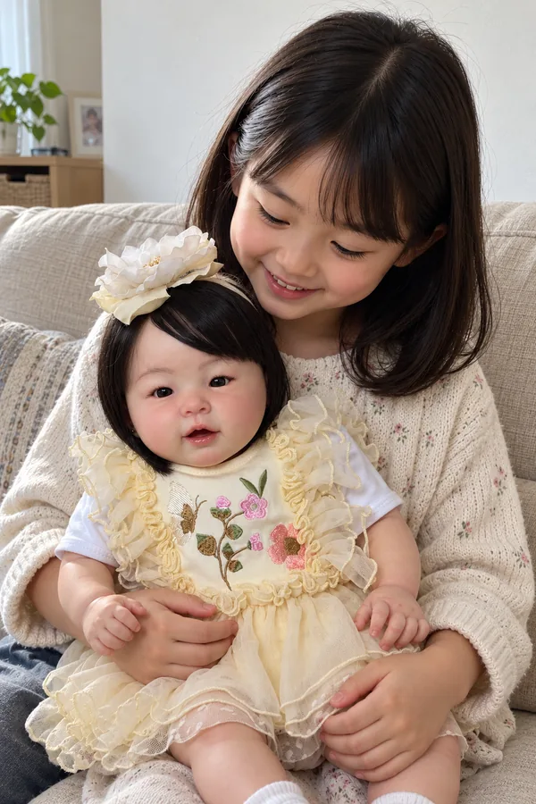 Menina japonesa com bebê reborn de vestido amarelo — imagem ilustrativa