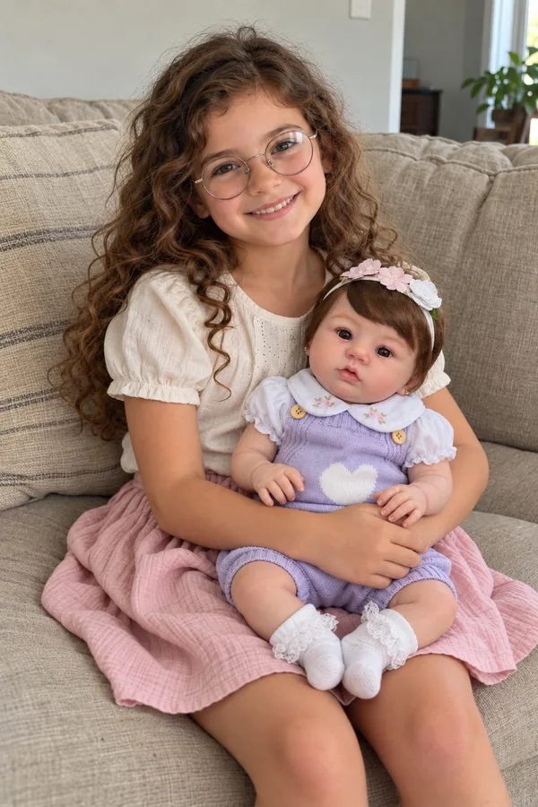Menina com bebê reborn de roupa lilás — imagem ilustrativa