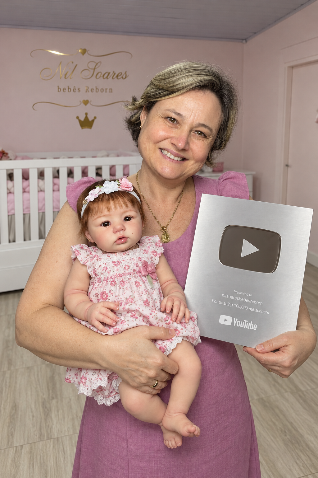 Nil Soares com uma bebê reborn e a placa do canal nilsoaresbebesreborn